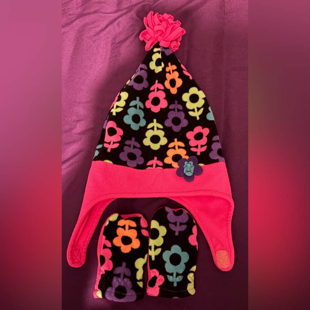 Colorful Floral Winter Hat and Mittens Set size 6-18 Months
